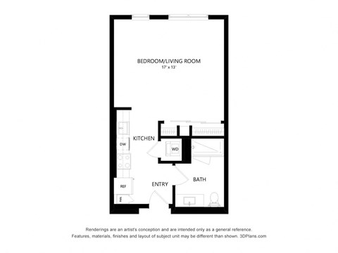 Floor plan for studio, 1 bath, 566 sqft